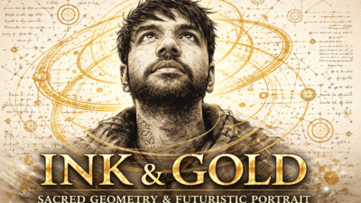 Ink & Gold: A Futuristic Hand-Drawn Portrait Blending Sacred Geometry, Science, and Human Aspiration